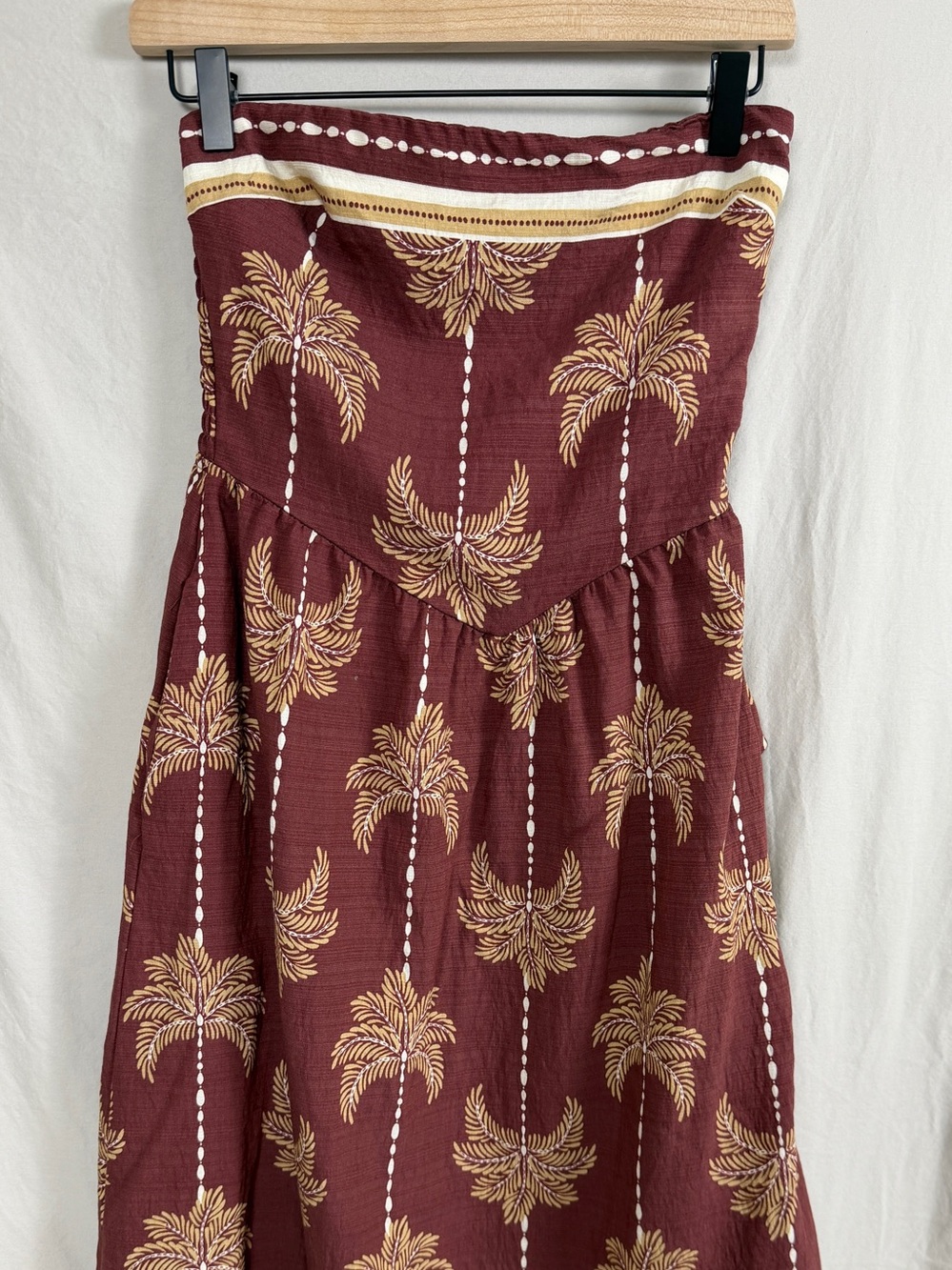 Monteau Strapless Palm Tree Rayon Blend Dress Women Small Burgundy Tropical Boho
